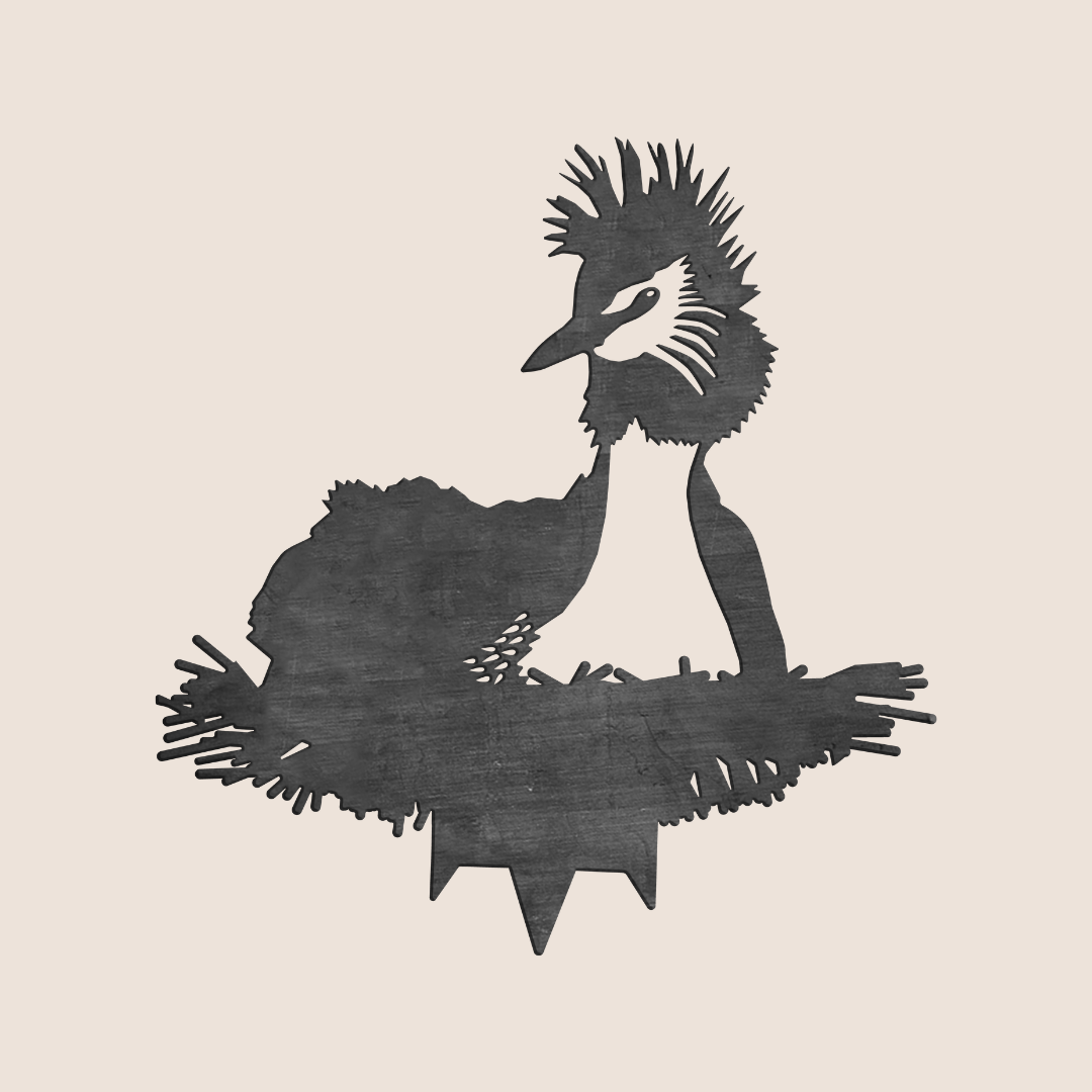 The Pūteketeke / Crested Grebe by Metalbird New Zealand is a premium black metal silhouette of a bird in a nest, creating striking yard art against a plain light beige background.
