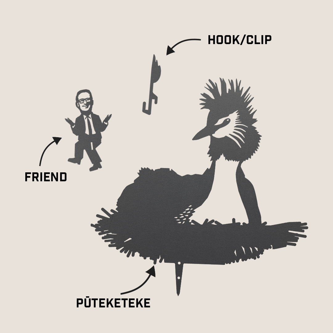 A black corten steel silhouette by Metalbird New Zealand of a Pūteketeke (Crested Grebe) on a nest, labeled with arrows and including "Friend" and a hook/clip—perfect unique yard art.