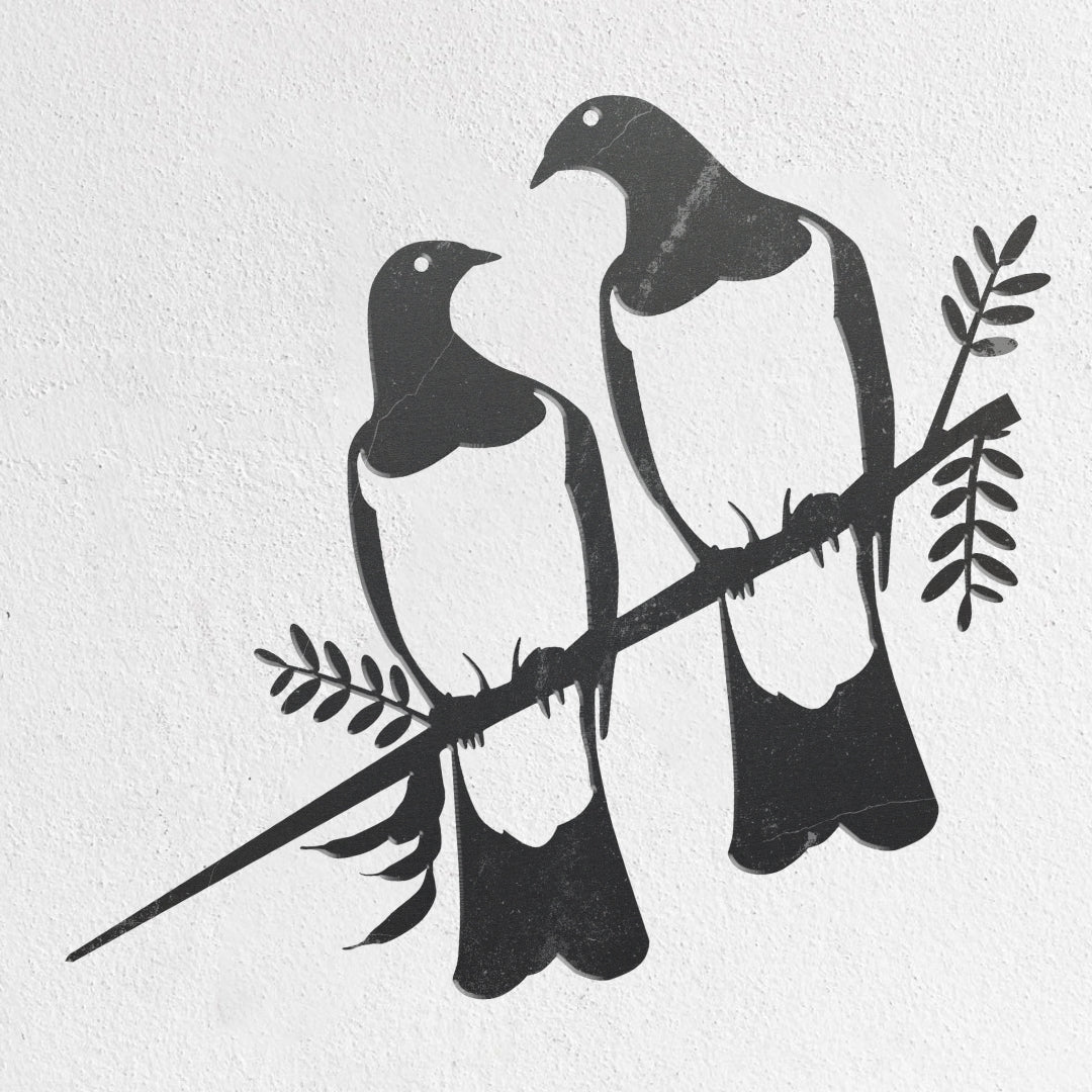 Minimalist black and white illustration of two kereru birds on a branch—ideal for fans of metalbird art or those who appreciate the uniqueness of Metalbird Seconds - KERERU PAIR.