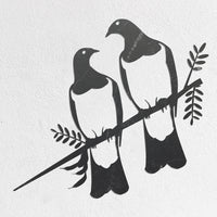 Minimalist black and white illustration of two kereru birds on a branch—ideal for fans of metalbird art or those who appreciate the uniqueness of Metalbird Seconds - KERERU PAIR.