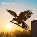 A Metalbird New Zealand silhouette, Kārearea: Wings of Glory, perches on a branch against a sunrise. The Forest & Bird logo in the top left celebrates Bird of the Year 2025.