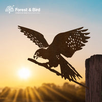 A Metalbird New Zealand silhouette, Kārearea: Wings of Glory, perches on a branch against a sunrise. The Forest & Bird logo in the top left celebrates Bird of the Year 2025.