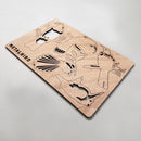 A thin, rectangular metal sheet labeled "Winged Hangers - 5 Festive Decorations" by Metalbird New Zealand rests on a light surface, showcasing multiple decorative bird silhouettes and photographed at an angle.