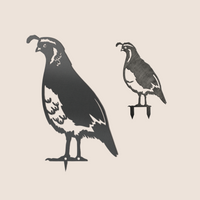 The Metalbird New Zealand Quail Mum & Mini Set features two black metal quail silhouettes, with the mum in front and mini behind—ideal as lifelike quail decor or a charming NZ garden gift.