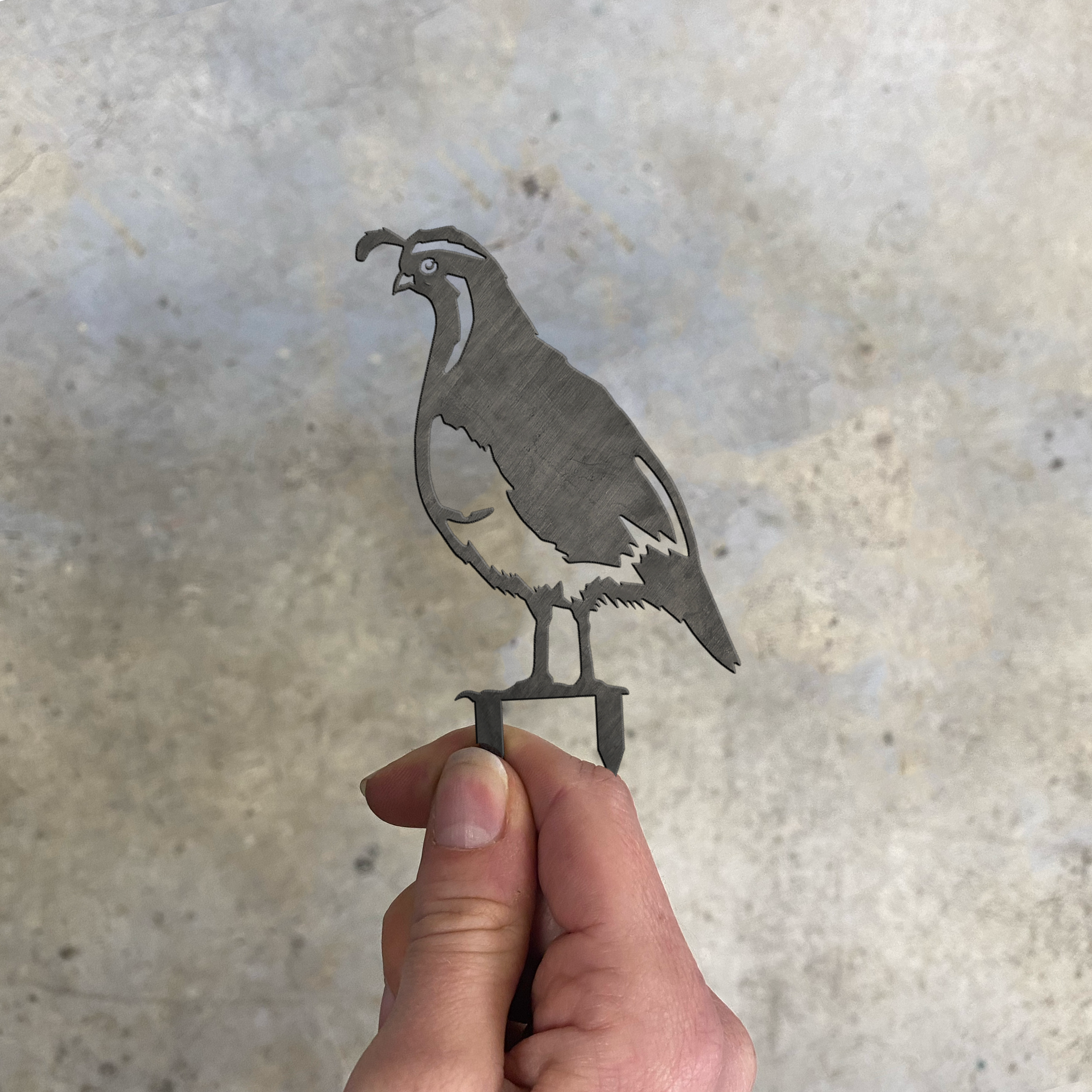 A hand holds the Quail Mum & Mini Set by Metalbird New Zealand, life-sized metal quail cutouts with detailed features and a topknot—perfect as unique garden decor or a thoughtful gift—against a light gray textured background.