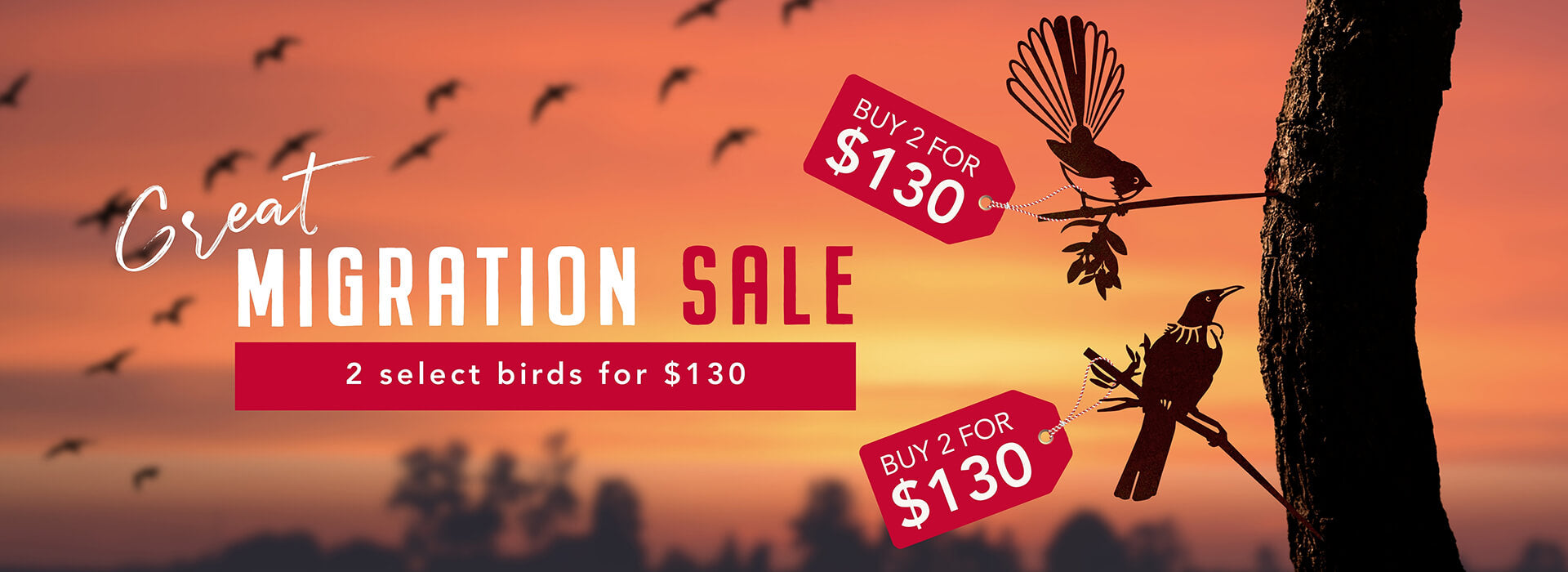 Promotional banner for a migration sale with bird silhouettes and sunset background