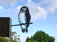 Ruru owl flying and morphing into Metalbird metal bird silhouette garden sculpture on fence post