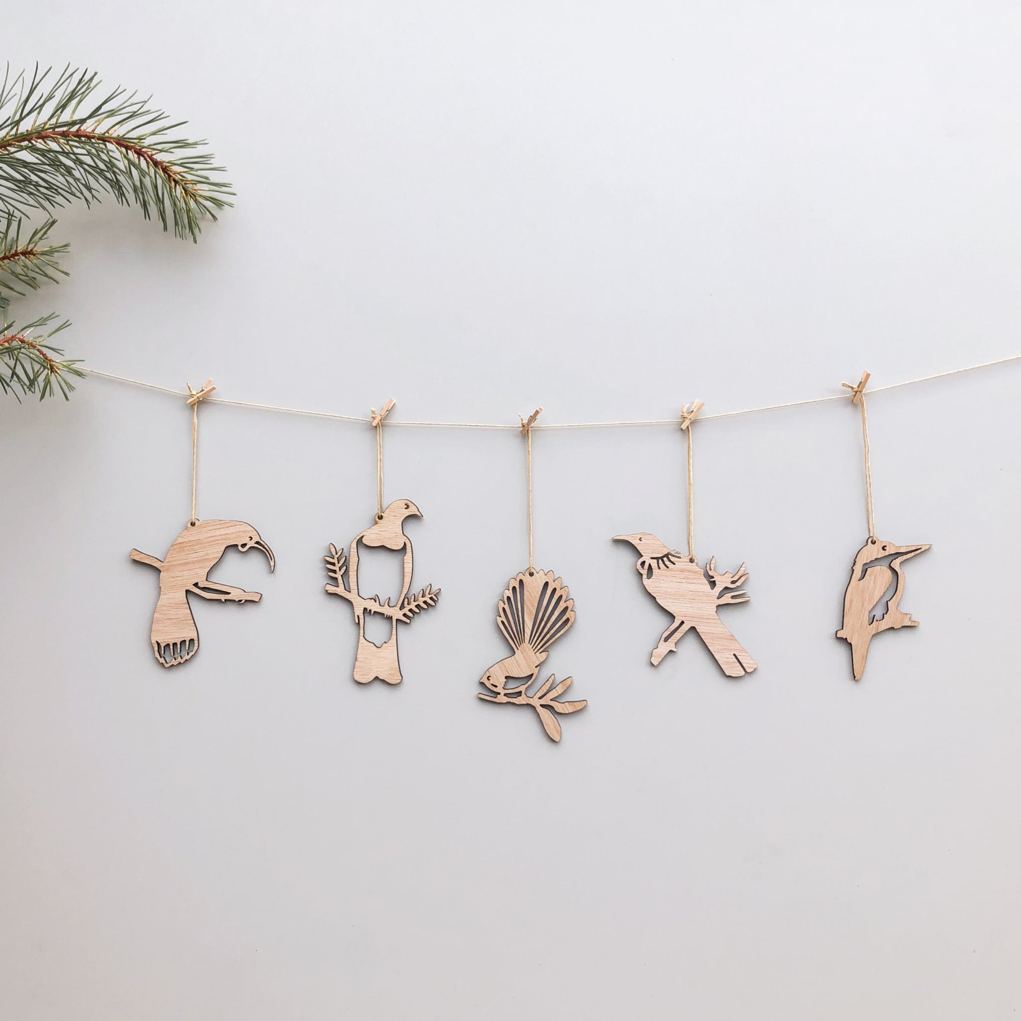 Five sustainably made Metalbird New Zealand Winged Hangers—each shaped like a different bird—hang from a string with clothespins. A pine branch accents the corner, set against a plain white backdrop. Set includes 5 festive decorations.